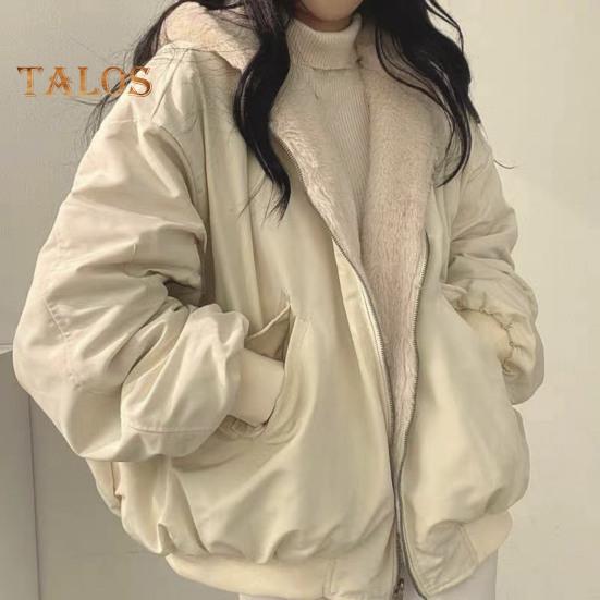 Lady Winter Coat Thick Fleece Lining Loose Hooded Long Sleeves Solid Color Double-sided Wear Zipper Closure Work Dating Travel Jacket