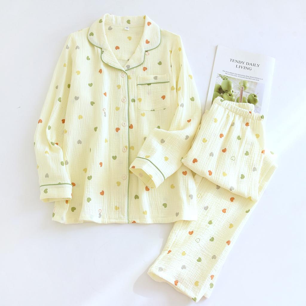 2026 New Women's Spring and Autumn Pajama Set 100% Cotton Crepe Soft Thin Long Sleeve Long Pants Home Clothes Two Piece Set