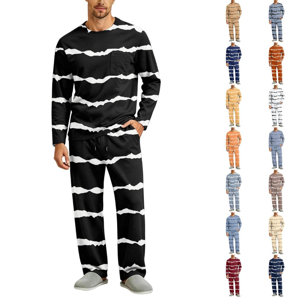 Men's Pajama Set Long Sleeve Top and Long Pants with Button Crotch and Elastic Drawstring Waist for Home Loungewear
