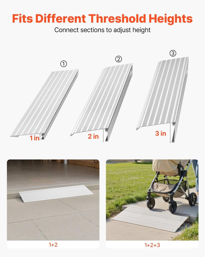 Door Threshold Ramp, 87 Mm Rise, Aluminum Alloy Threshold Ramp Rated 363 Kg Load Capacity, Handicap Ramps for Home Steps for Wheelchair, Scooters,