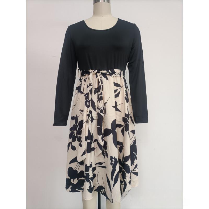 Spring and Autumn Women's Dress Printed Dresses Round Neck Tie Dresses