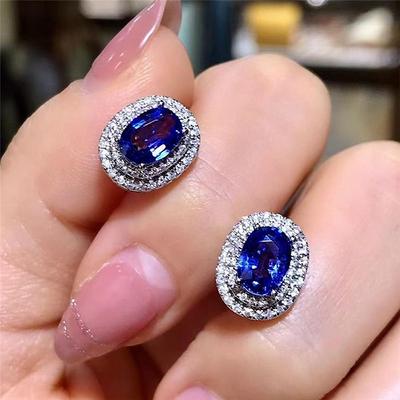 Sterling Blue Cubic Zircon Stud Earrings Oval Shaped CZ Earrings Wedding Engagement Fashion Jewelry for Women