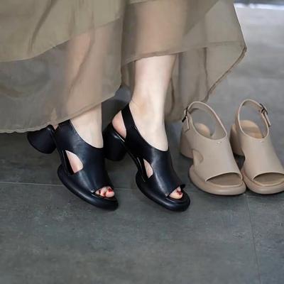 Sandálias peep toe de salto alto femininas couro genuíno vintage confortáveis ​​sapatos de salto grosso feitos à mão