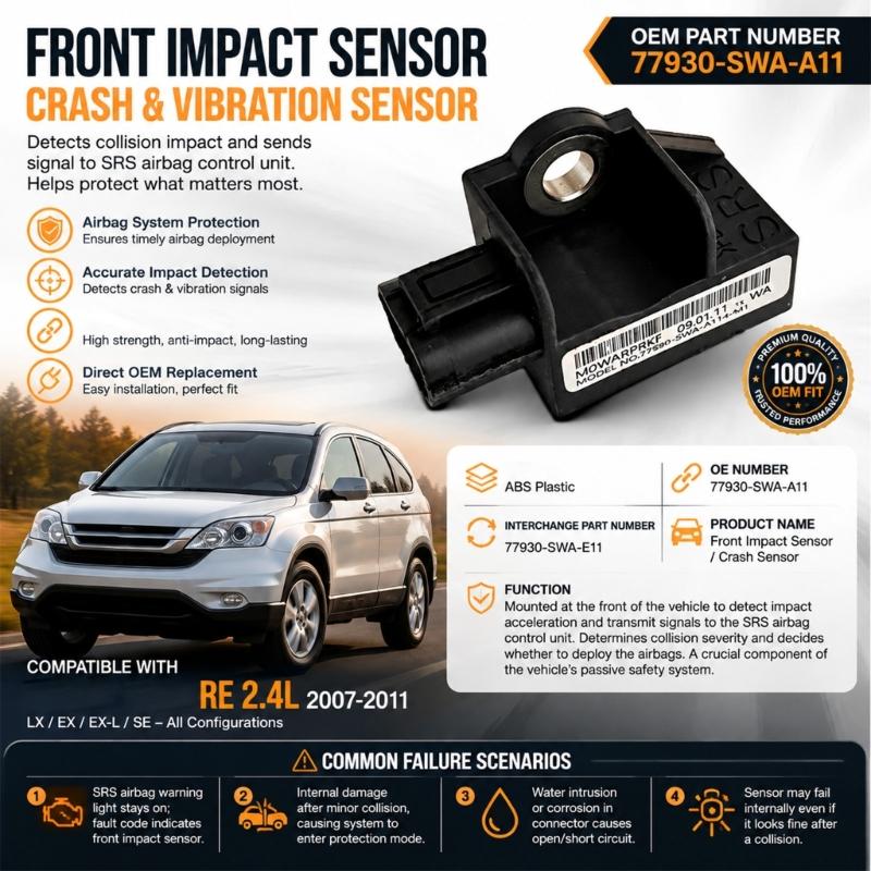 Plug Play Impact Sensor with Integrated Rectangular Electrical Housing and Metal-Lined Mounting Structure for 2007-2011 2.4L Vehicle Front Sensor