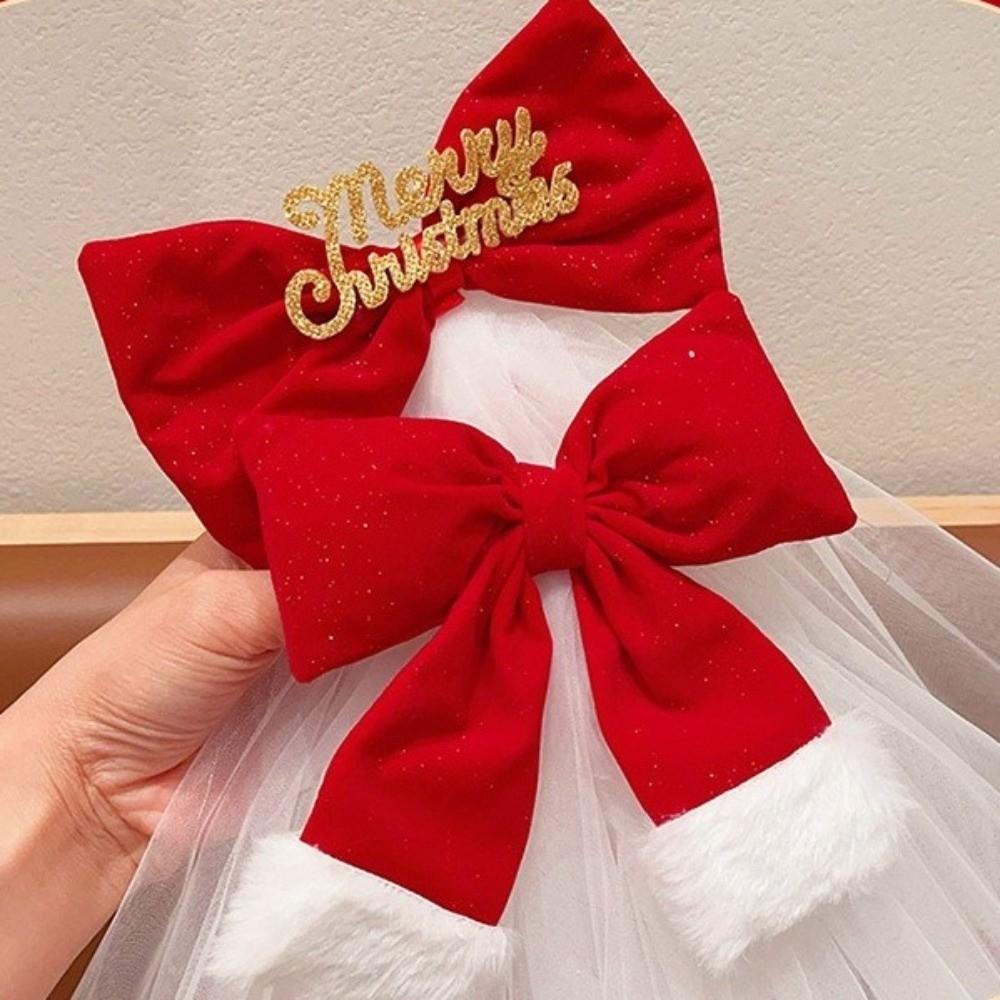 Velvet Christmas Veil Headband Red Bow Veil Gift Christmas Head Gauze Hair Clip