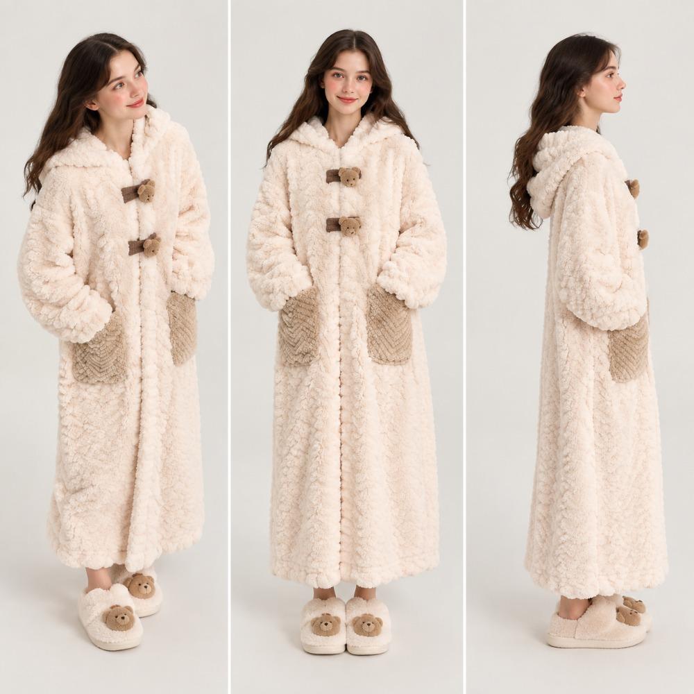 Women Coral Fleece Bathrobe Hooded Flannel Robe Set Thick Warm Loungewear Fall Winter