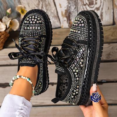 Größe 35-44 Modische, vielseitige, elegante, bequeme Schnür-Sneakers mit klobiger Sohle, Pailletten und Nieten