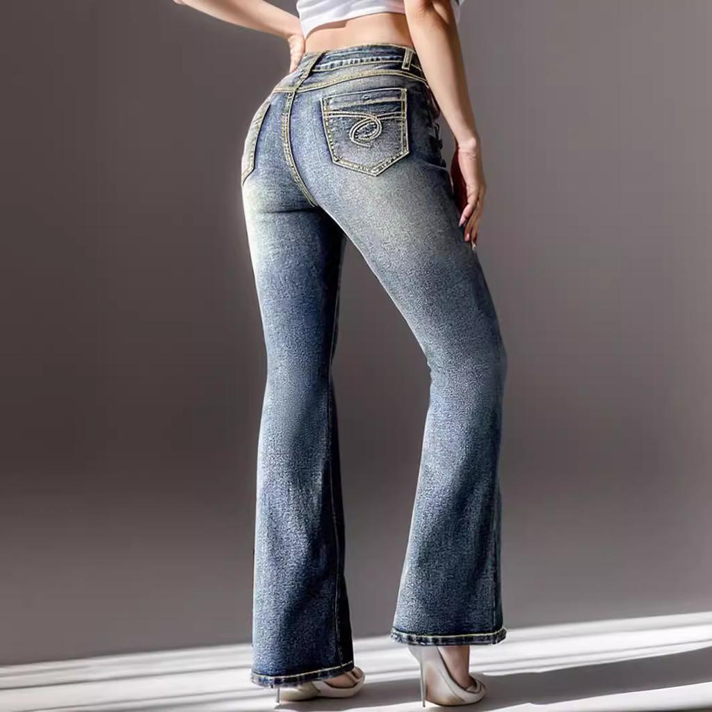 GMXIA Women's Vintage Jeans High Stretch Pocket Embroidery Vintage Jeans Slim-fit Hip Lift Flare Pants