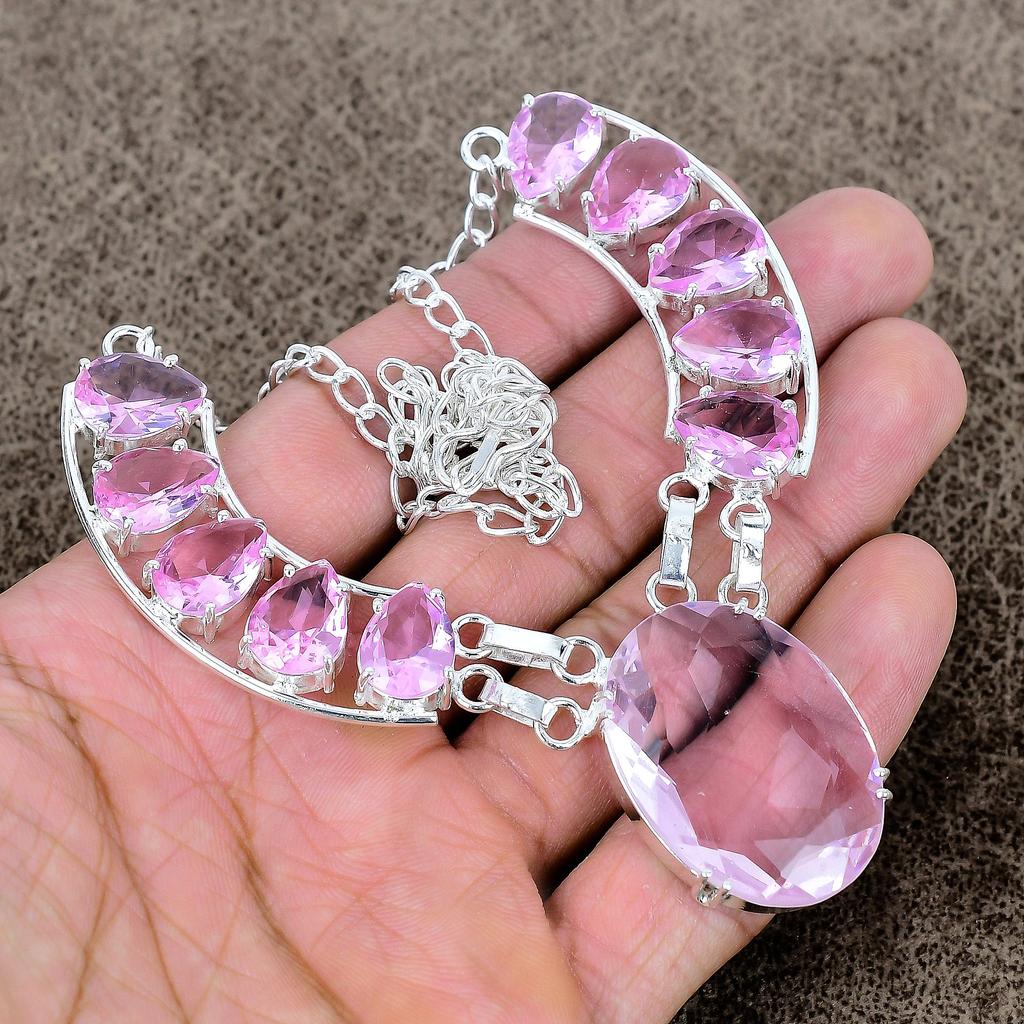 Pink Kunzite Gemstone Handmade 925 Sterling Silver Jewelry Necklace 18" KKG-443