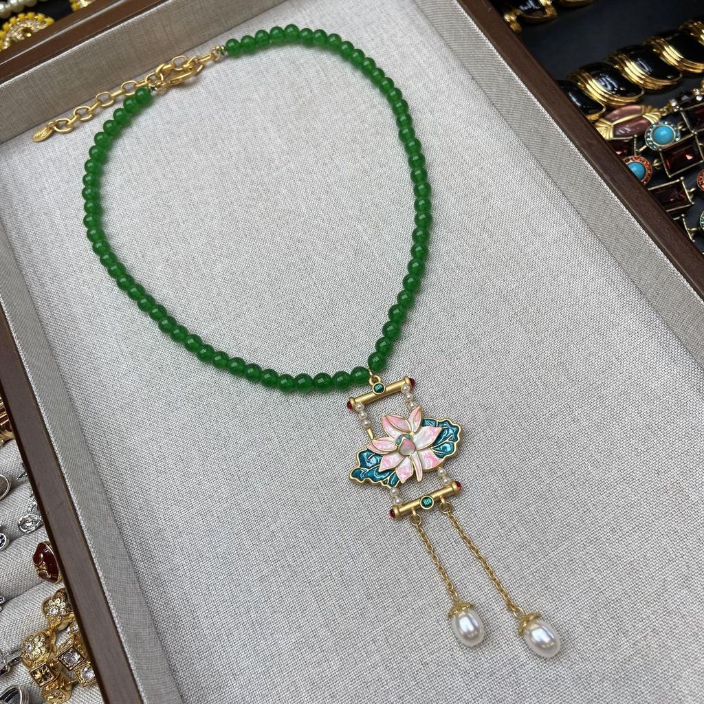 Ancient Cheongsam Hanfu Versatile Accessories Ancient Gold-Plated Oil-Dripping Lotus Fringed Ear Hook Green Glazed Bead Necklace