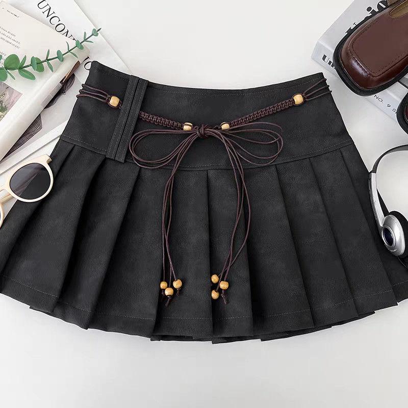 Retro Pleated Skirt Brown High Waist A Line Mini Skirt Vintage Style