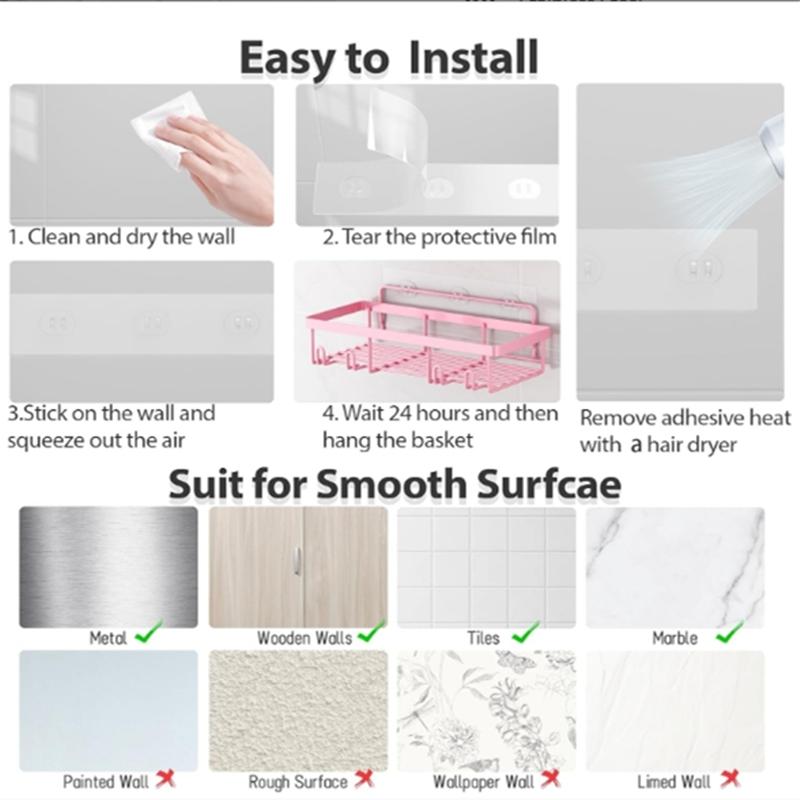 5-Pack Adhesive Shower Caddy Organizer – Rust-Resistant Pink Bathroom Shelf Set for Shampoo & Toiletries, No-Drill Wall Storage