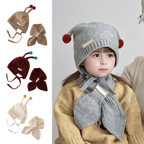 2Stk/Set Kinder Hut Schal Set Plüschkugeln Deko Schnürung Strickmütze Schal Set Elastische Kaltwetter Accessoires