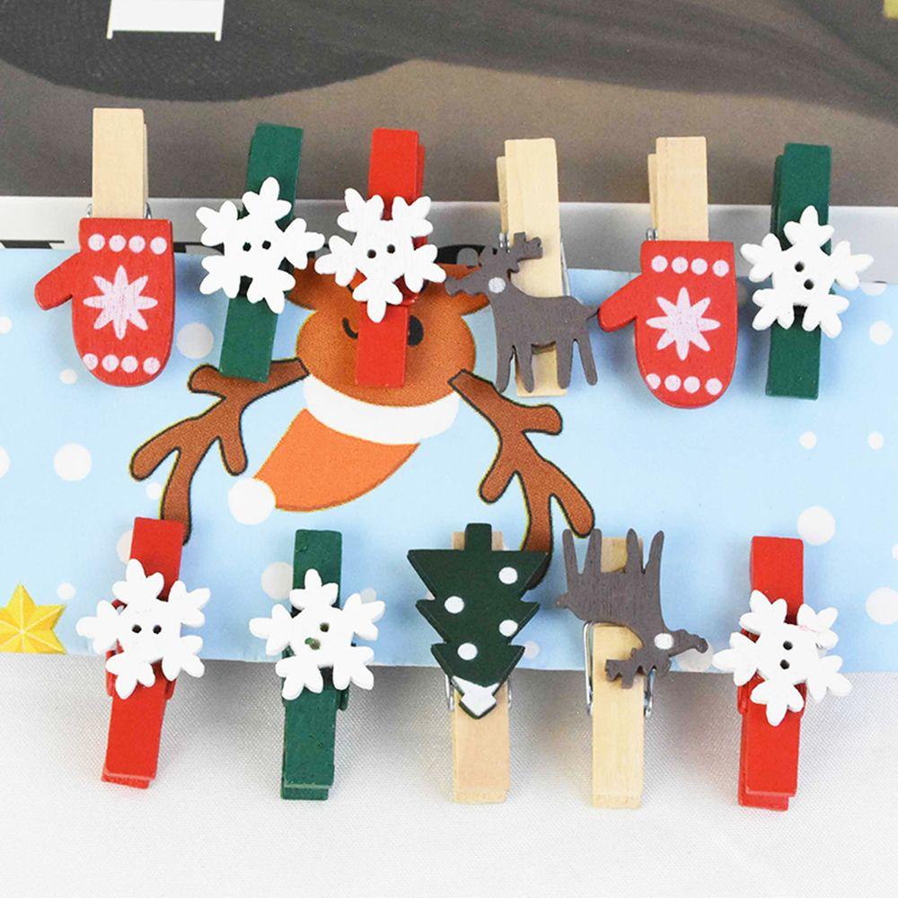 10pcs DIY Gifts Clothespin Elk Snow Flakes Paper Clamp Christmas Woody Clips Card Holder Photo Pegs