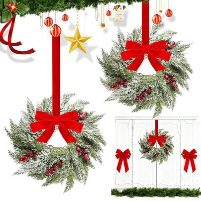 Christmas Cabinet Wreath With Red Bowknot Berries Artificial Snowy Pine Wreath Front Door Window Wall Xmas Holiday Party Decor