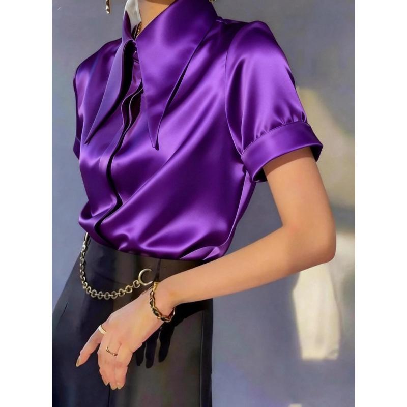 Womens Satin Pointed Collar Short Sleeve Blouse