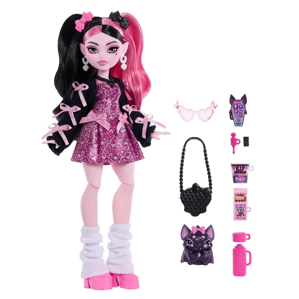 Monster High doll, Dracula ura in a pink bow dress, black cardigan with pet bat count, fabulous, ramen, lipstick, wallet and 7 other accessories,