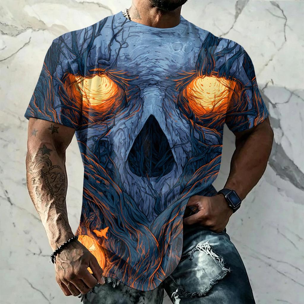 Men Halloween Print Vintage Texture Short Sleeve T Shirt Loose Breathable Summer Sport Street Casual Daily Wear Top