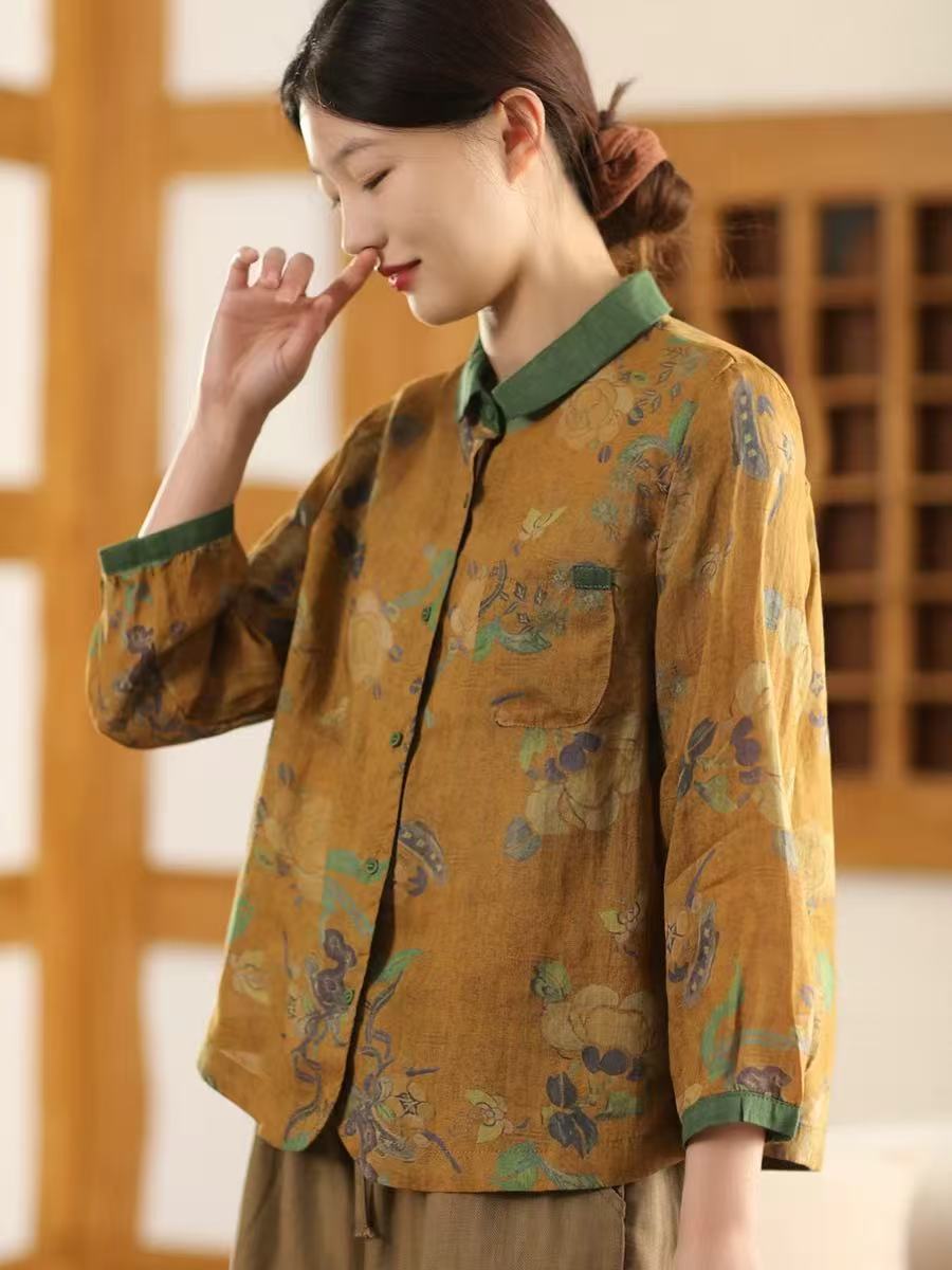

Johnature Женские рубашки в китайском стиле с цветочным принтом на пуговицах, весенние топы с отложным воротником и длинным рукавом, рубашки на пуговицах One Size жёлтый