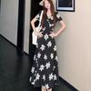 French Temperament Large Size Summer V-neck Printed Dress Women's Long Waist Thin High Waist Cover Stomach A Long Dress
