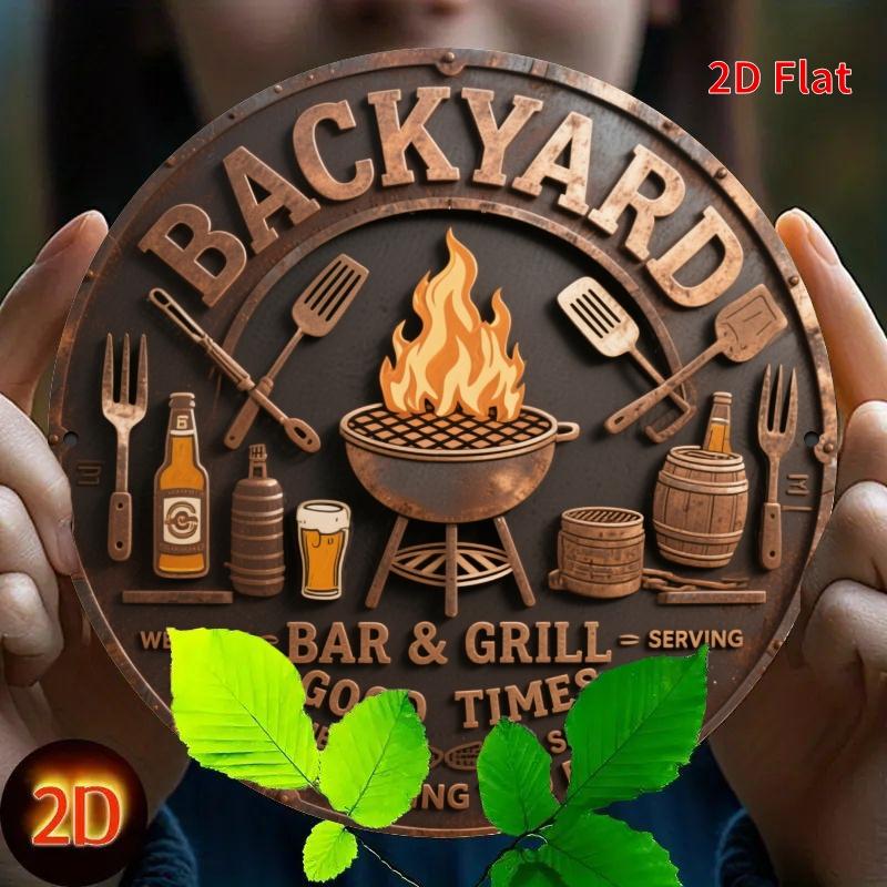 Hisun Tin Sign Retro Backyard Bar Sign Round Aluminum Wall Decor with Grill Scene for Terrace or Office