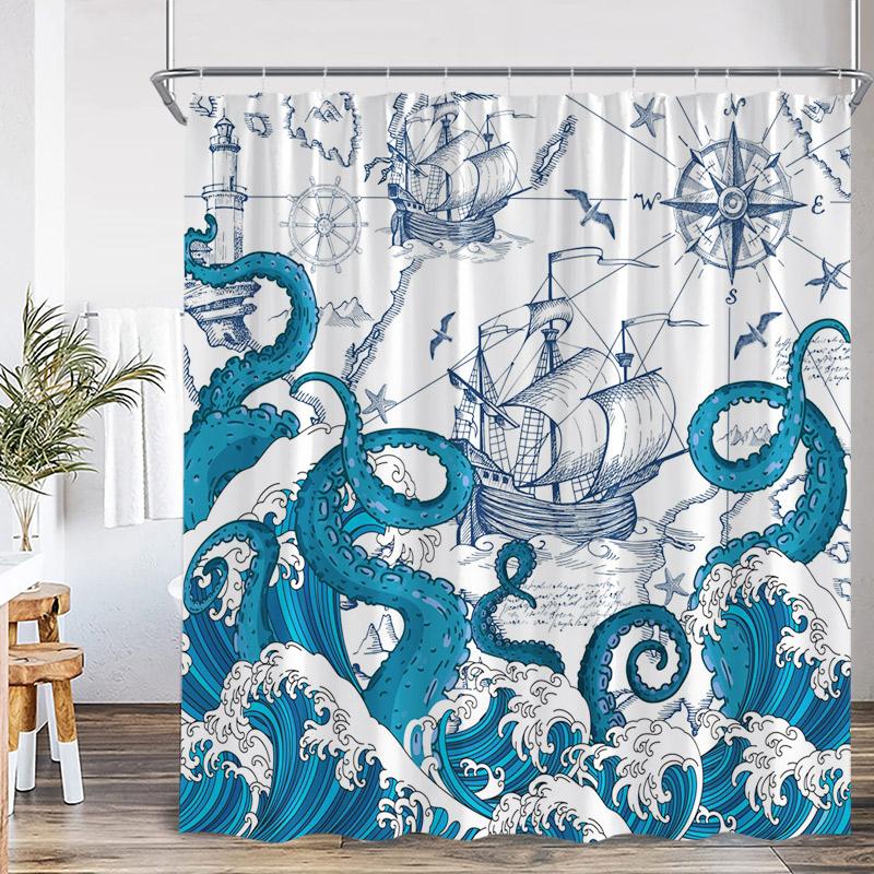 Ocean Red Octopus Shower Curtain Sea Wave Sailboat Lighthouse Nautical Bath Curtains Polyester Fabric Bathroom Decor with Hooks