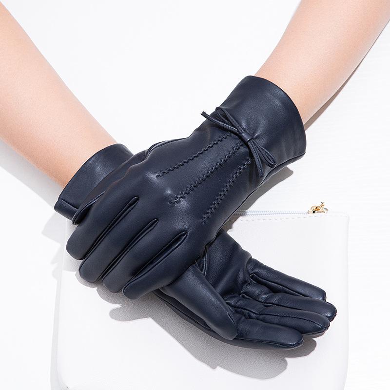 Women's Colorful Genuine Leather Gloves Bow Sheepskin Gloves  Women's Warm Cycling Clothing Gloves for Autumn and Winter