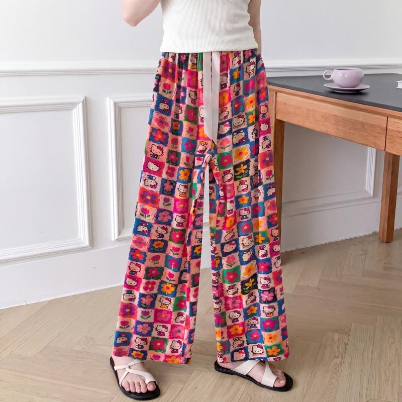 New Cotton and Silk Wide-leg Pants, Artificial Cotton Pajama Pants, Walking Pants, Loose and Casual, Can Be Worn Outside, Large Size Women's Thin 