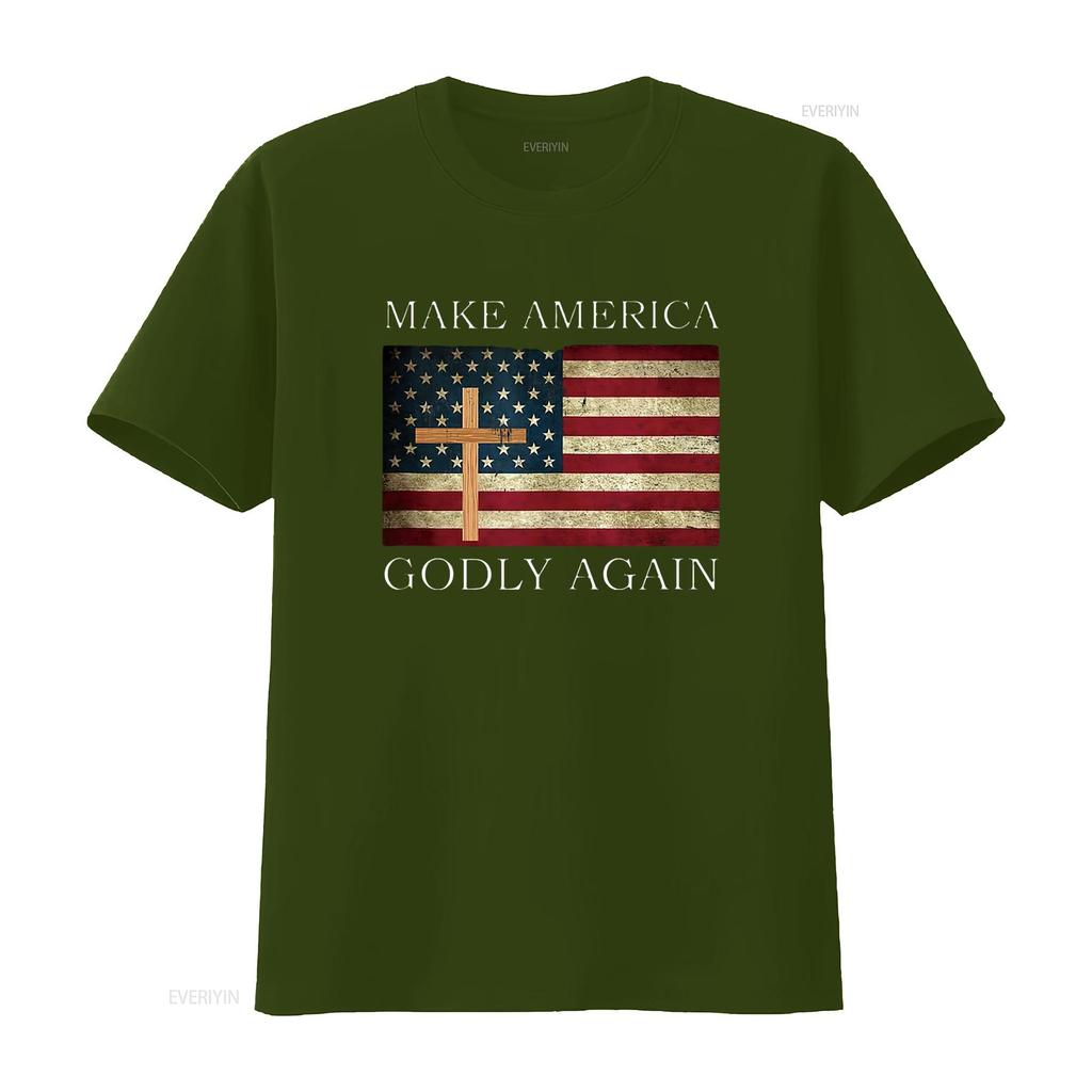 Make America Godly Again American Flag Cross Jesus T Shirt vintage Washed fashion streetwear Slightly homme Breathable