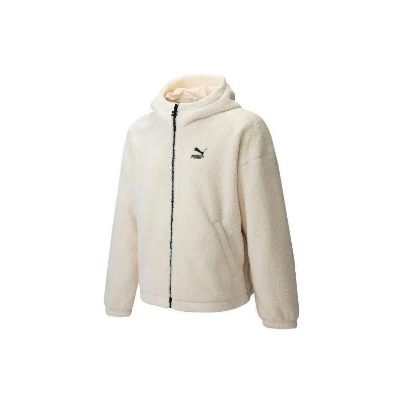 Puma FW22 Veste à capuche zippée en fausse peau lainée avec imprimé logo au dos Vestes unisexes Blanc 539568-93
