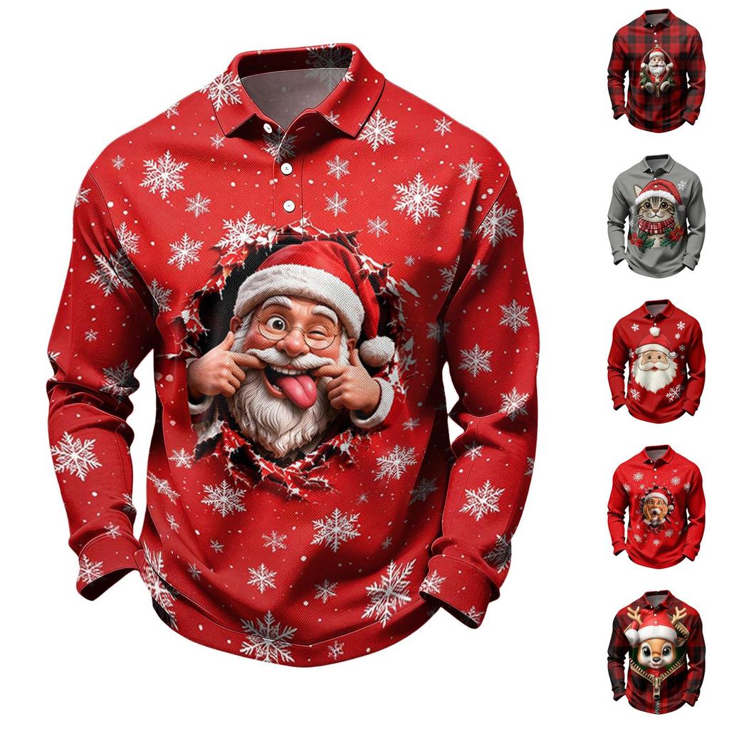 Men's Long Sleeve Golf Shirt Quick-Dry Mesh Casual Top with Christmas Print for Holiday Wear