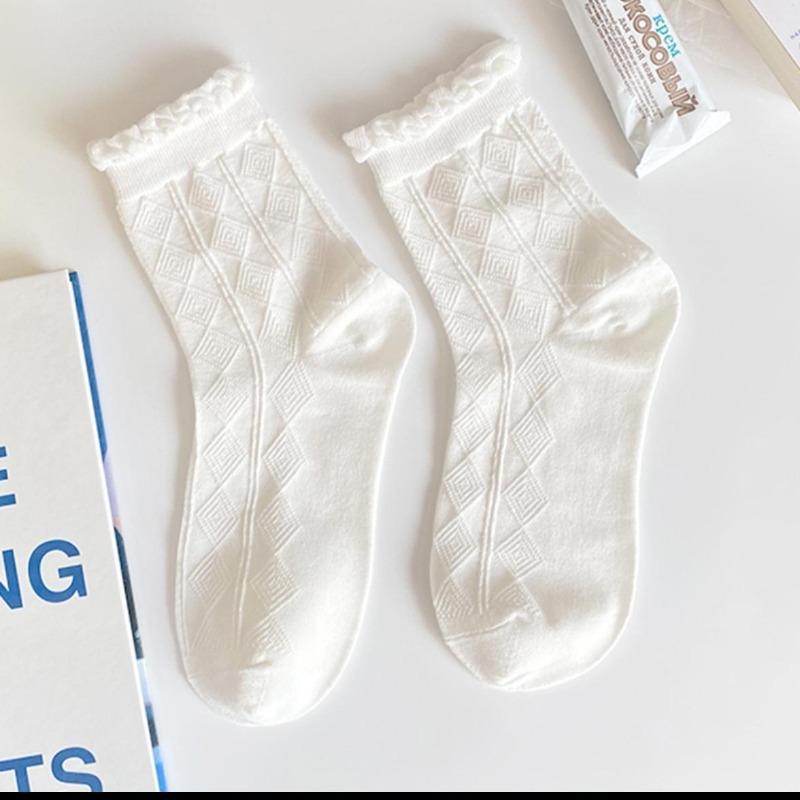 White Mid-calf Socks for Women in Autumn and Winter, Lace Cotton Pile Socks, Trendy Cotton, Sweat-absorbing