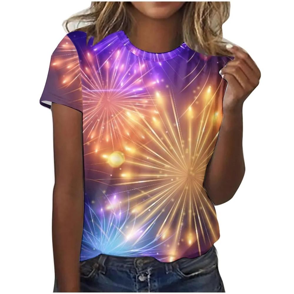 Fireworks Show 3D Digital Printed Women's Personalized and Fashionable Round Neck Short Sleeved T-shirt