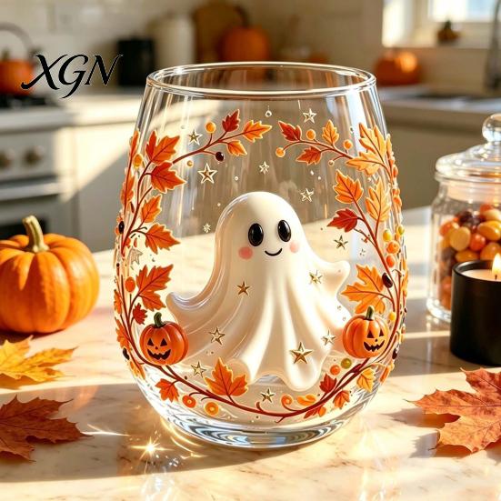 Personalized Daily Use Glassware Stemless Wine Glasses with Marine Animal Pattern, 420ml Capacity, High Borosilicate Halloween Themed Drinking