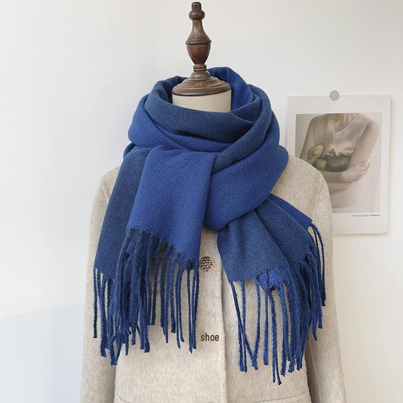 Double-Sided Solid Color Imitation Cashmere Scarf with Tassels – Cozy Korean Autumn/Winter Fashion for Students