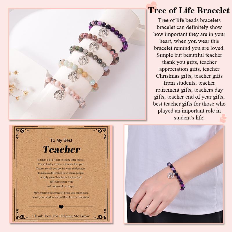 Teacher's Day Gift: 8mm Pink Zebra Stone Bracelet with Tree of Life Pendant