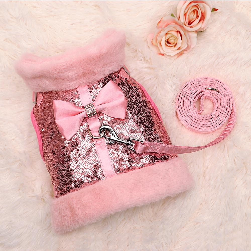 

Зимний теплый комплект поводков для собак с мягким мехом, блестками, жилет для собак с бантом для маленьких и средних собак, кошек, чихуахуа S розовый