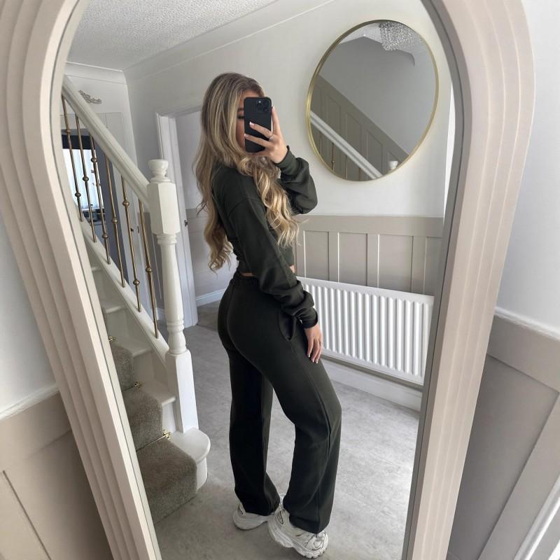 Womens Winter Casual Two-Piece Set Solid Color Zip-Up Top Straight Leg Pants Streetwear Outfit