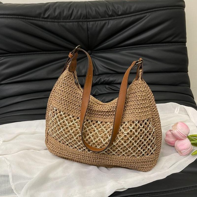 

Woven straw bag women s shoulder hollow high-end woven bag large capacity seaside vacation beach tote bag zipper