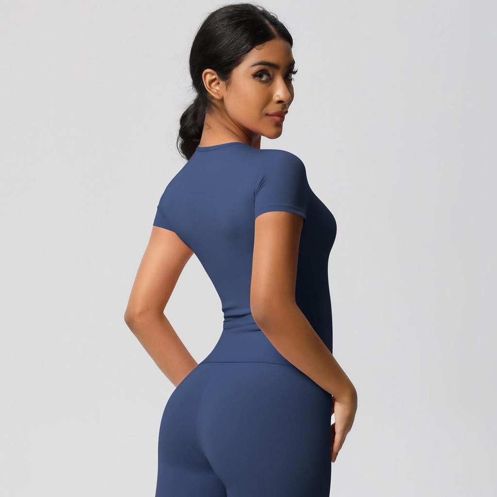 Gebürstetes Nude Slim-Fit Rundhals Yoga-Top - Kurzärmlig, Atmungsaktiv, Vielseitige Sportbekleidung