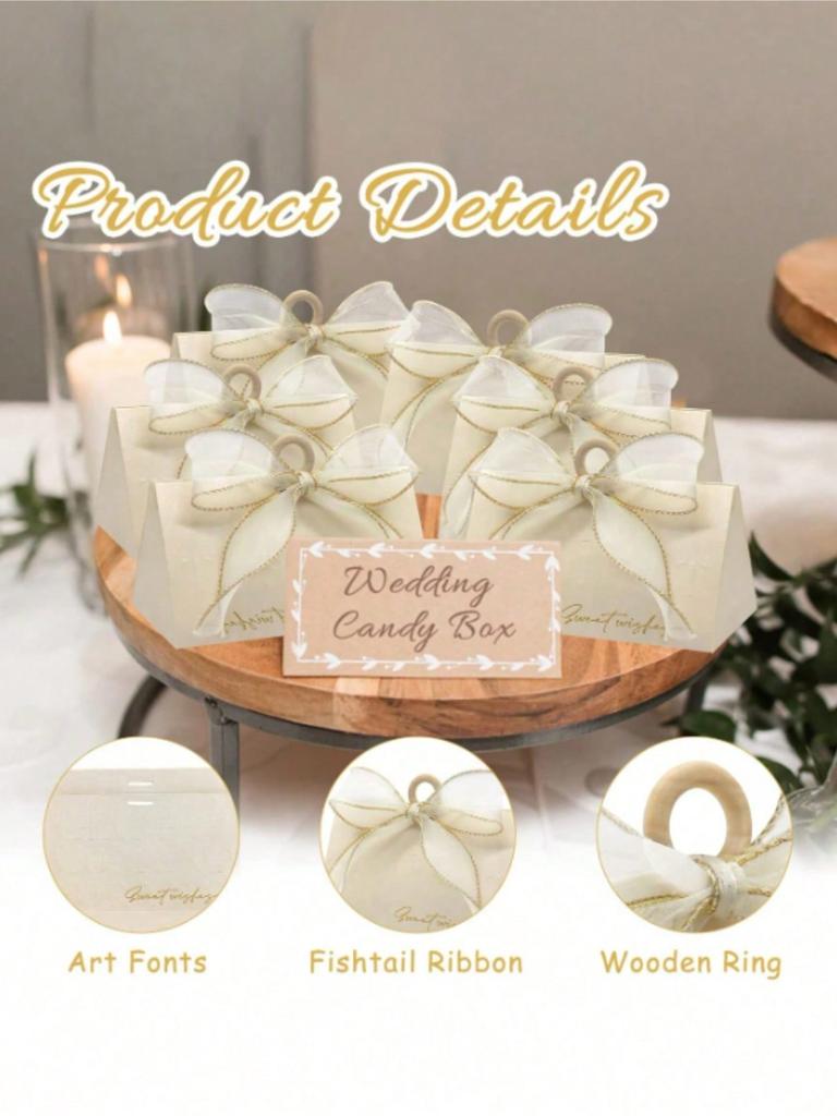 Home Party Decoration Supplies Wedding Candy Box Beige Wedding Gift Box Chocolate Gift Box With Wooden Beads and Ribbons 2pcs