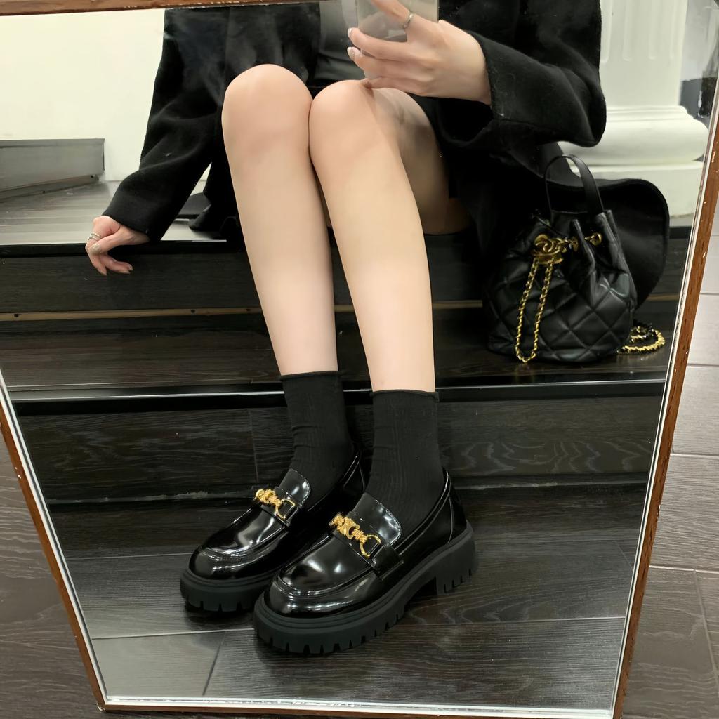 Sheepskin version~ Triumph buckle platform leather black small leather shoes women's small gold buckle thick heel single shoes muffin shoes loafers