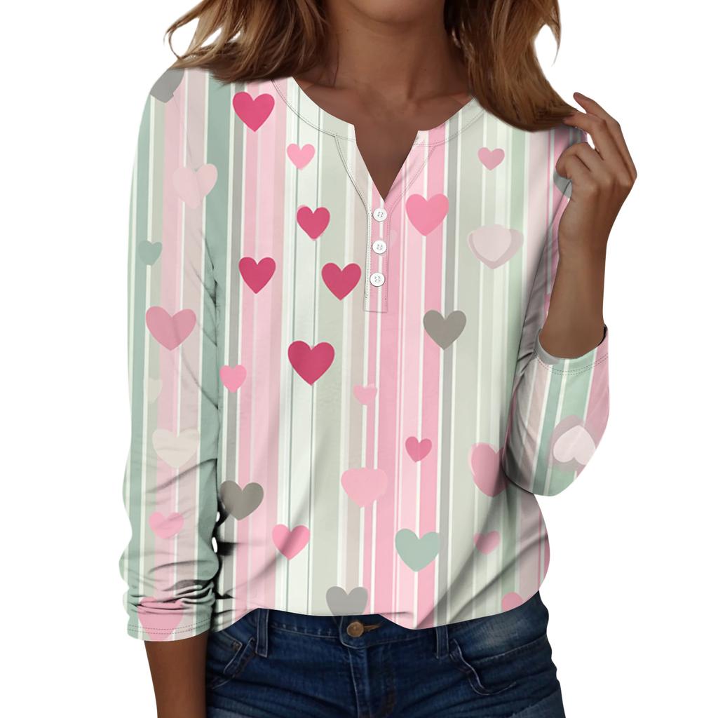 Damen T-Shirt mit Weihnachtsdruck, Knopfleiste, lange Ärmel, für den Alltag, Wochenende, modisch, Basic, V-Ausschnitt, normales Oberteil