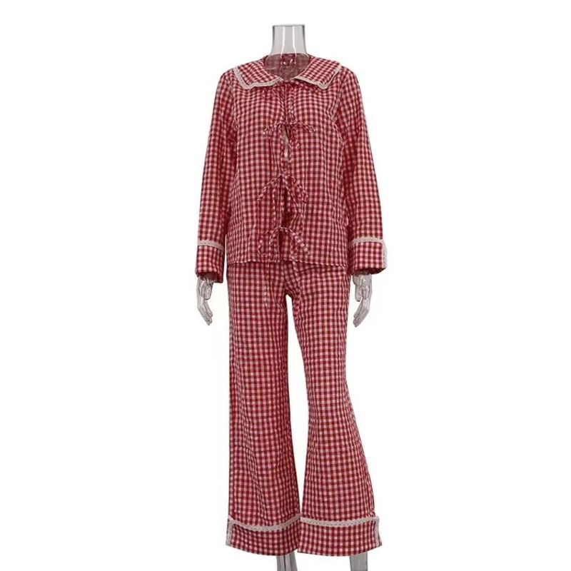 

European and American Doll Collar Lace-up Plaid Shirts Trousers Set Checkered Shirt and Pants Set Red S