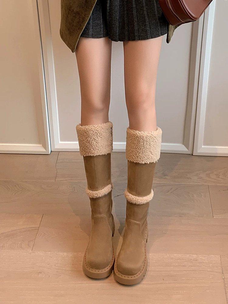 

Сапоги из овечьей шерсти, женские, новые, зимние, с подкладкой, для маленьких людей, с толстой подошвой, высокие, теплые, для снега 38 абрикосовый