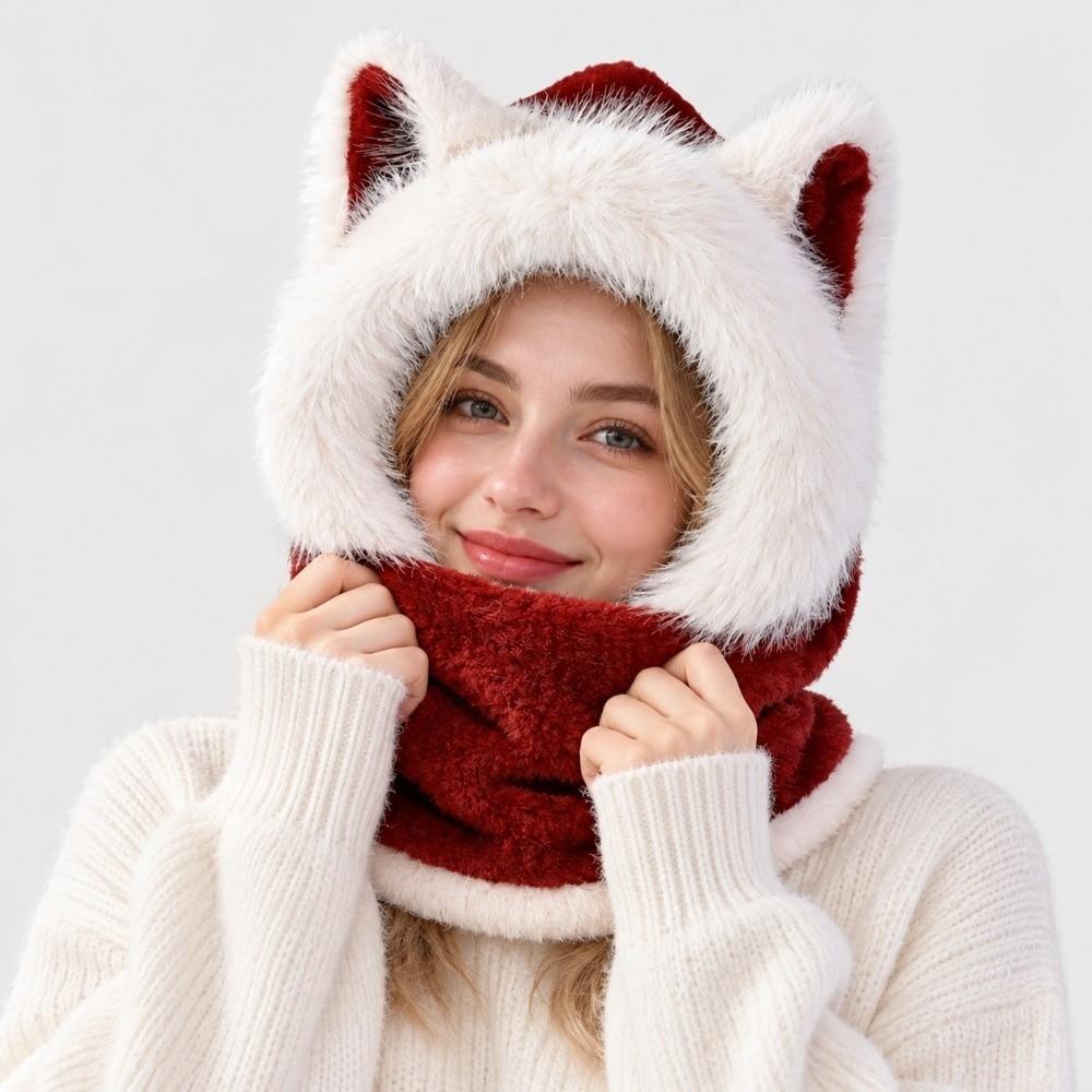keep warm Women's Scarf Hat Thick Fluffy Hat Scarf Cute Ear Protection Hat Winter