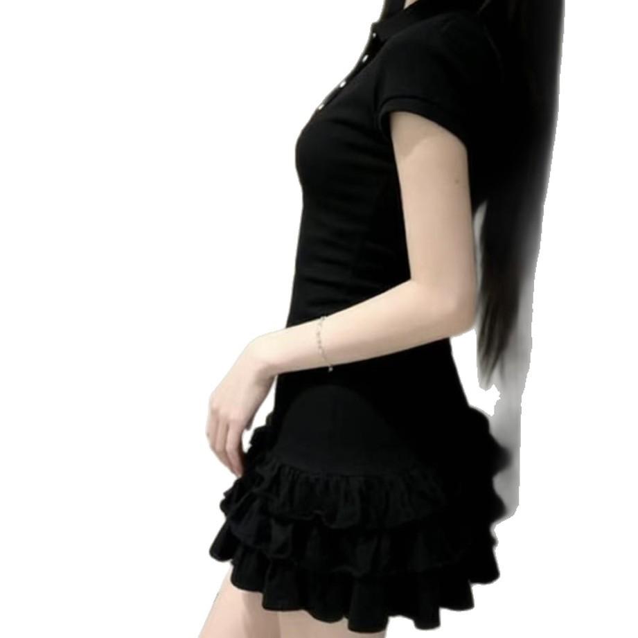 Black POLO neck short-sleeved dress for women's summer new academic style slim-fitting, light and elegant, thin cake skirt