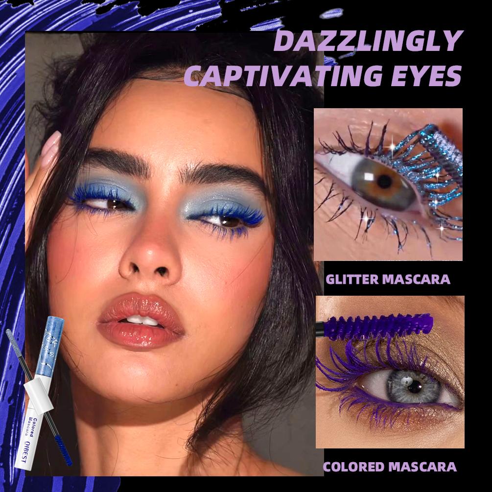 QIBEST Doppelseitiger Diamant-Glitzer-Mascara Langanhaltender Farbiger Mascara Wimpern Pink Blau Rot Voluminöser Wasserfester Mascara