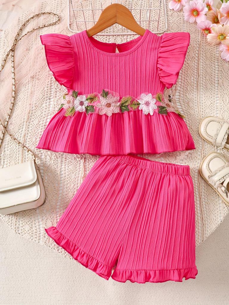 European-American Style Summer Girl's Floral Embroidery Sleeveless Top & Shorts Set