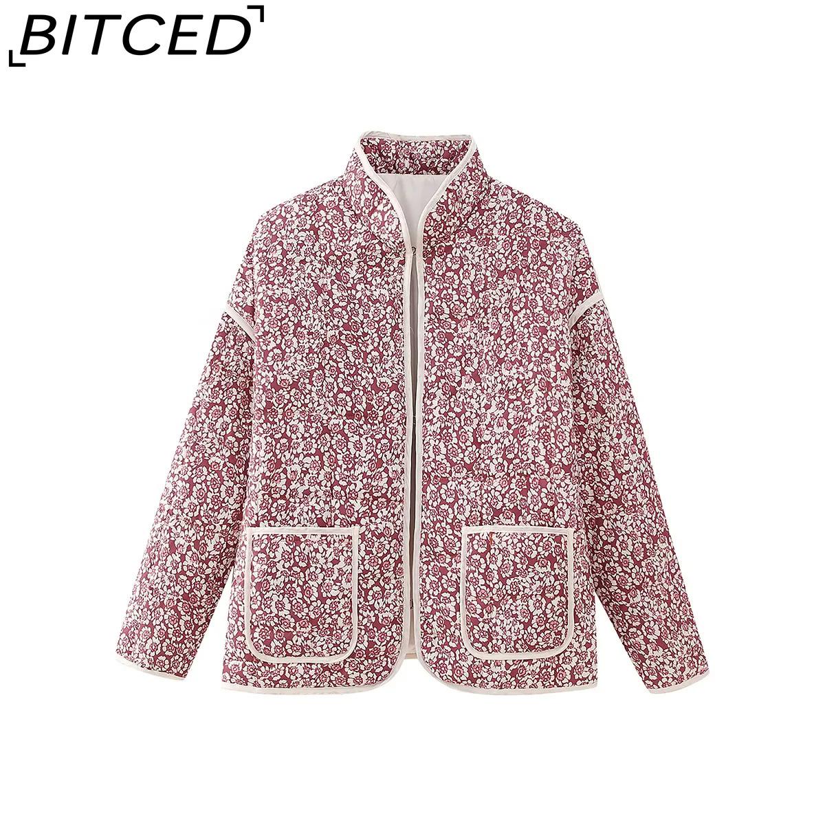 

BITCED Women s Autumn/Winter Collection Stand Collar Loose-Fit Cotton Jacket with Floral Print L красный